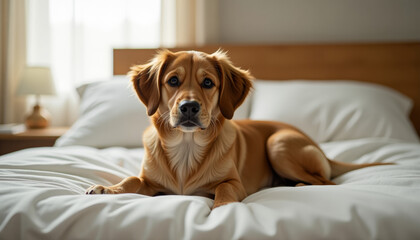 Golden Retriever on a White Bed