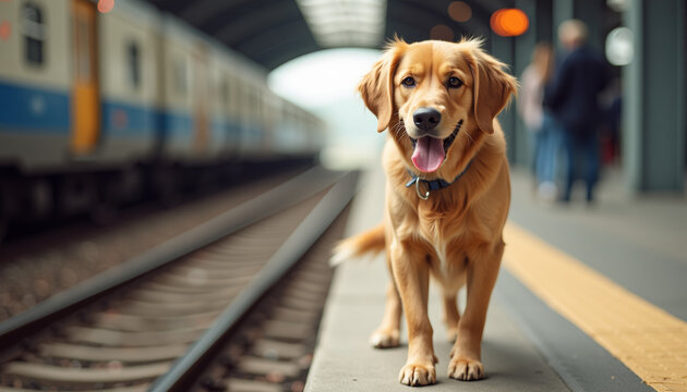 Golden Retriever at Train Station