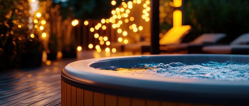 Relaxing hot tub on a wooden deck at night with string lights.