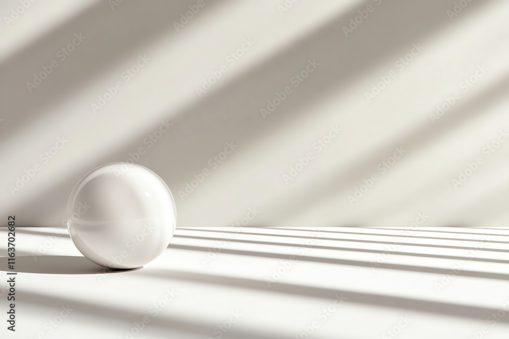 Poster a minimalistic image featuring a white sphere casting shadows on a light surface.