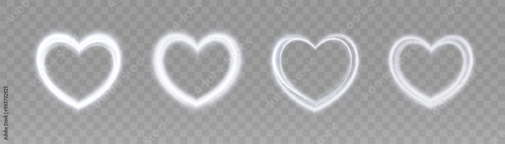 Poster white bright glowing trail forms heart shape with smooth curves on transparent background, vector de