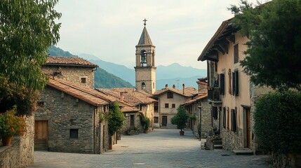 Picturesque cobblestone street in a charming alpine village, with traditional stone houses, a bell tower, and mountains in the background.