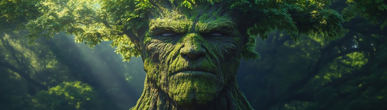 A mystical tree creature emerges from a vibrant forest, embodying nature and wisdom.