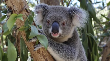 Fototapeta premium Close-up of a koala holding onto a tree branch surrounded by lush green leaves, set in its natural eucalyptus forest habitat under soft daylight.
