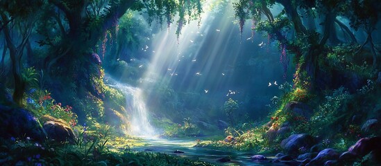 Obraz premium Enchanting forest waterfall scene with sunlight filtering through trees.