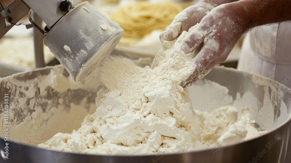 Aufkleber A worker pours flour into a large industrial mixer as part of the food production process in a busy bakery. The environment is filled with baking ingredients and equipment.