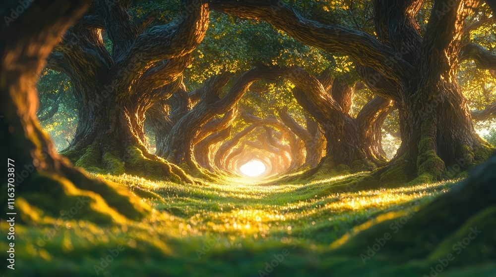 Aufkleber mystical natural concept. a serene path through a mystical forest, illuminated by soft sunlight filt