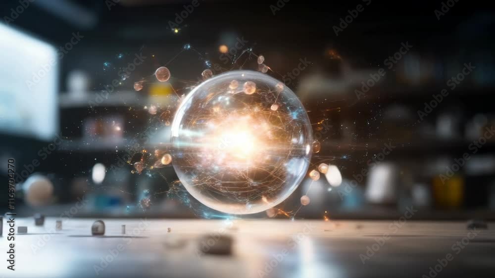 Poster glowing translucent sphere radiating energy and light above cluttered workspace in abstract scene