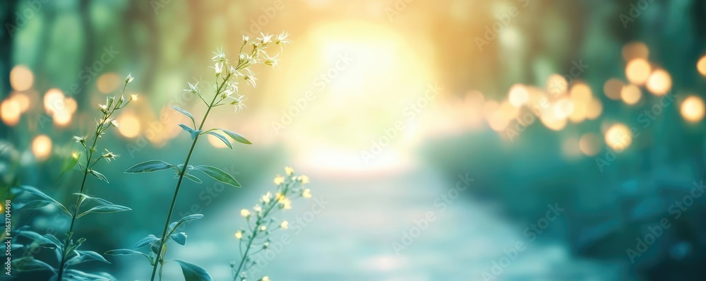 Poster mystical wild idea. a serene pathway illuminated by soft light, surrounded by delicate flora in the 