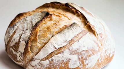 Close-up of round artisan bread with a rustic cracked crust, dusted with flour, isolated on a white background.