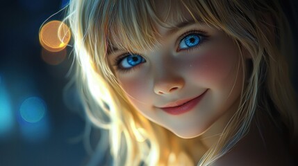 Fototapeta premium Portrait of a Smiling Girl with Bright Blue Eyes