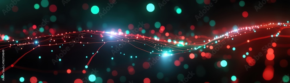 Poster abstract digital background with glowing particles and interconnected lines of data.