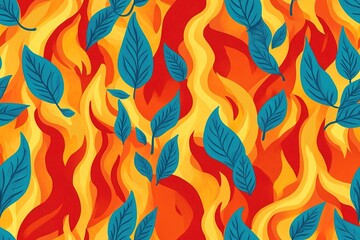Naklejka premium Vibrant Pattern of Teal Leaves Amidst Fiery Flames