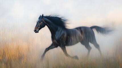 Dark horse running through tall grass at sunrise.