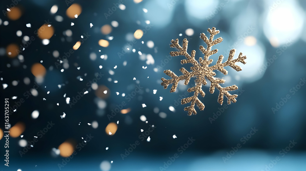 Poster glittering snowflake falling against a blurred background with lights and snow.