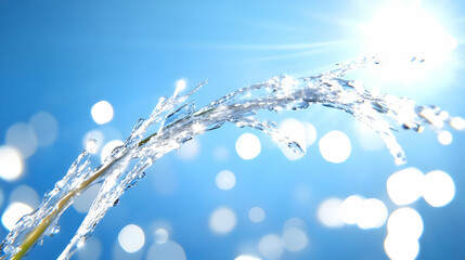 Water splash against blue sky with bokeh.