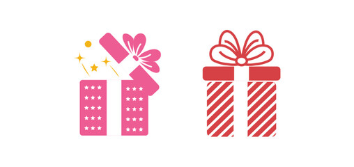 Gift box icon set. Present gift box tied, open, and sparkle for christmas, birthday, valentine, wedding event, party, celebration, and achievement success. Vector illustration.