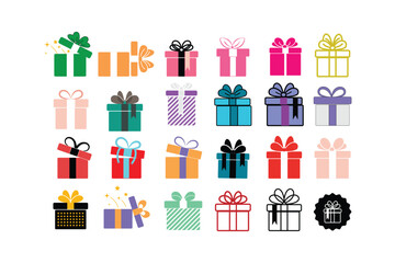 Gift boxes with ribbon icons Set. Gift box icons in Trendy Flat style. Surprising gift boxes, Gift wrapping simple black symbols signs editable stock for apps and websites.