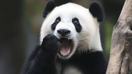 Fototapeta premium Giant panda with a surprised expression, mouth open, isolated against a blurred natural background.