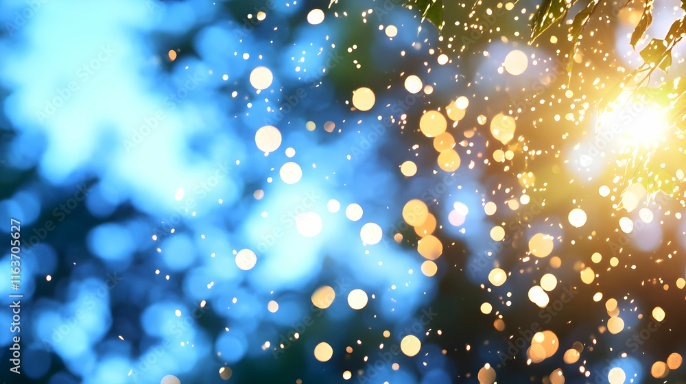 Poster abstract bokeh background with golden sparkles and blue lights.