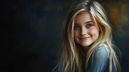 Naklejka premium Portrait of a Smiling Young Girl with Long Blonde Hair and Blue Eyes