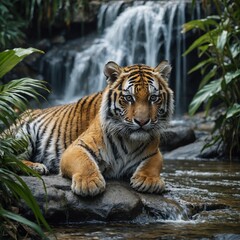 Obraz premium A tiger cub with silver and gold fur lounging near a waterfall, with blurred tropical plants.