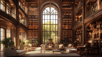Fototapeta premium Luxurious, grand library with tall arched windows, filled with bookshelves, comfortable seating, and elegant d?cor.