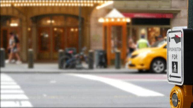 New York City Grand Central Terminal railway station, 42 street. Manhattan Midtown. Yellow taxi cab, car transport in NYC, USA. American urban road traffic, people pedestrians. Zebra crosswalk button.