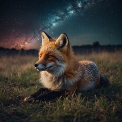 Obraz premium A cosmic fox cub with nebula-like fur lying in a field, with blurred starlight.
