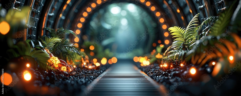 Poster mystical ecosystem concept. serene pathway through a lush tunnel, illuminated by soft lights and sur