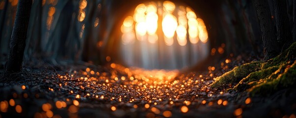 Mystical natural concept. A serene forest pathway illuminated by golden sunlight filtering through trees.