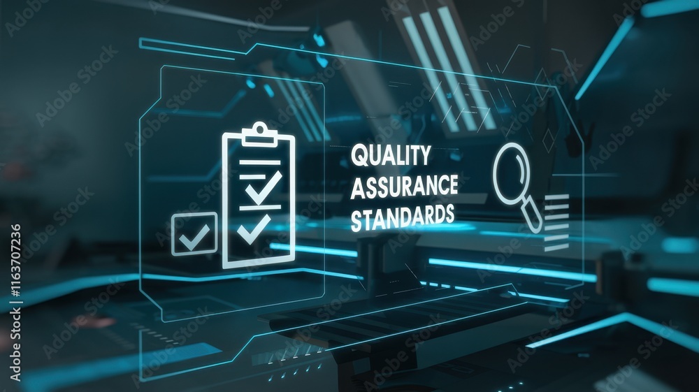 Poster futuristic digital interface showcasing quality assurance standards with illuminated icons represent