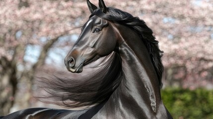 Majestic Black Stallion in Spring Blossom