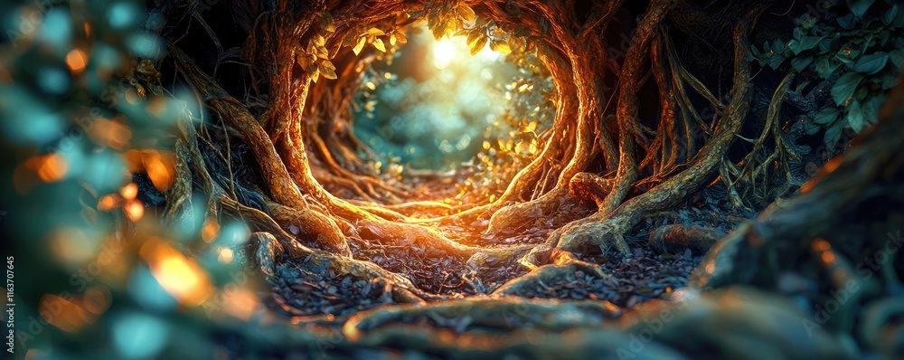 Aufkleber mystical natural concept. a mystical forest path illuminated by warm light filtering through tree ro
