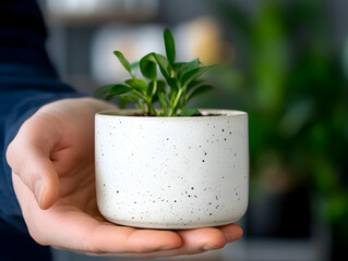 Hand holding a small potted plant.