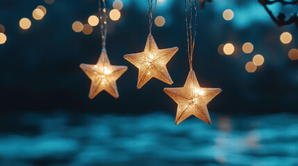 Glowing star shaped lanterns hanging outdoors with blurred festive lights in the background
