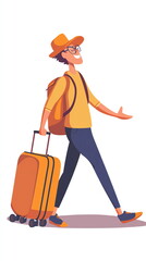 Joyful traveler walking with suitcase in a vibrant and colorful design during a sunny day