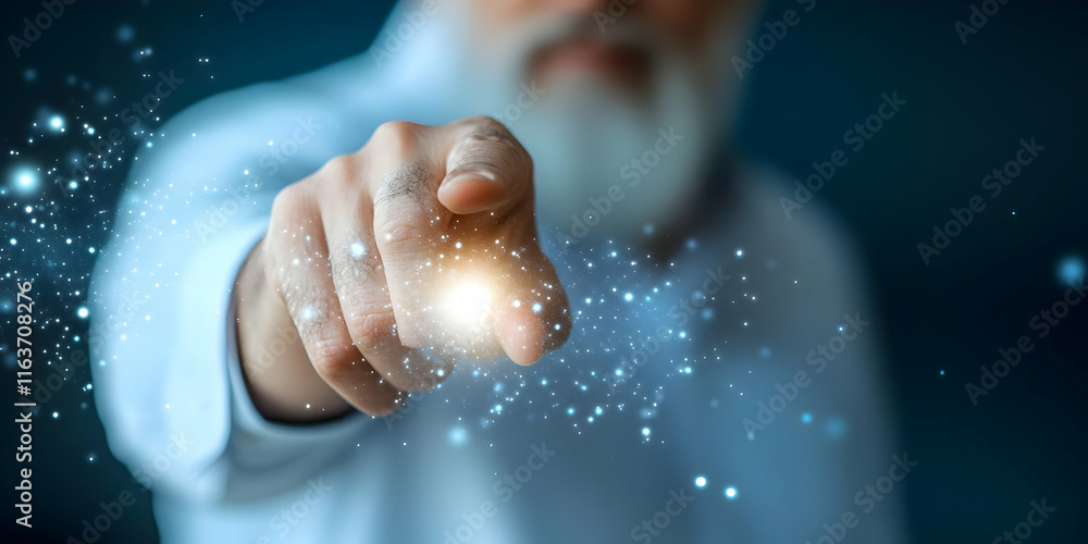 Poster man pointing finger with glowing particles.