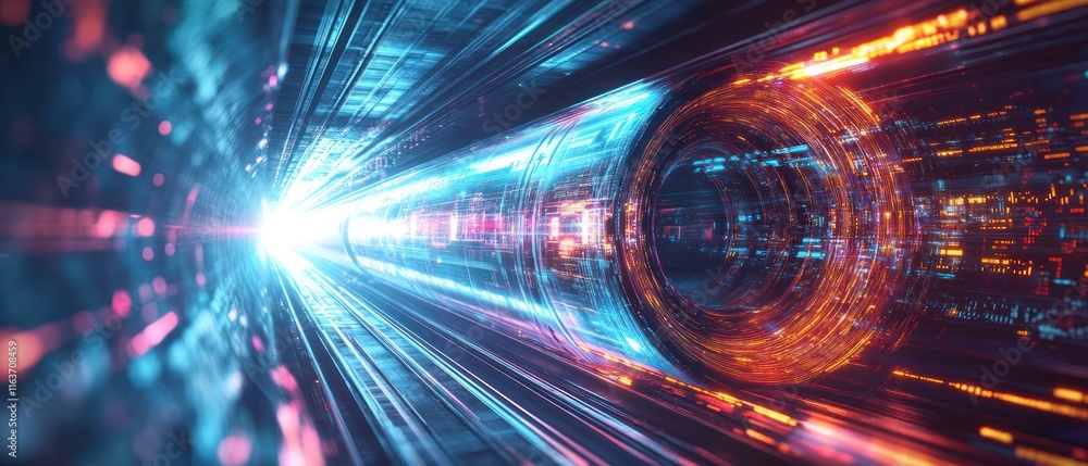 Poster futuristic tunnel with glowing lights and data streams.
