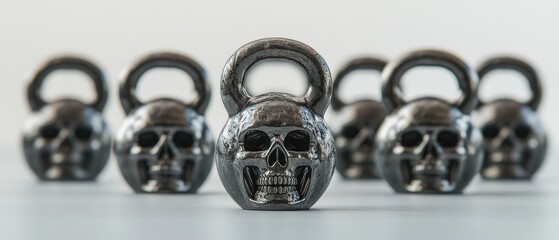 Row of skull-shaped kettlebells.