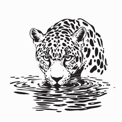 Jaguar Drinking from a Lake While Sharply Watching Its Surroundings Vector Illustration