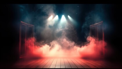 Dramatic Stage Opening with Wisps of Smoke and Bright Spotlight in a Dimly Lit Background for Theater Productions and Performances