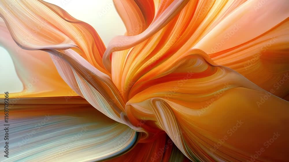 Poster abstract animation featuring smooth, undulating petals of a fantastic abstract flower in an orange h