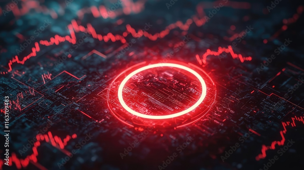 Poster crash market idea. futuristic digital landscape with glowing red elements and data patterns.