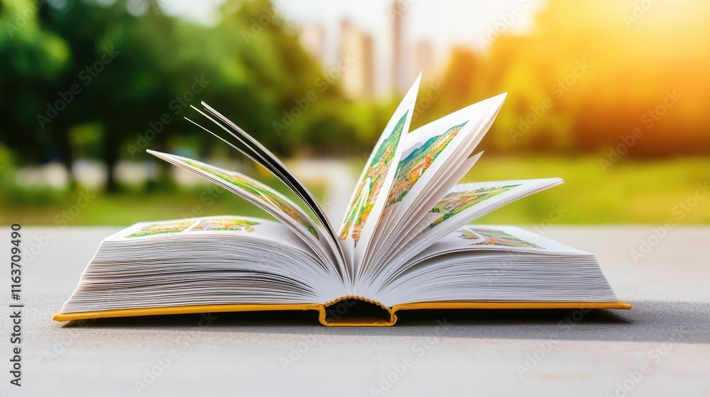 Poster scenery sightseeing idea. an open book resting on a table, displaying colorful images in a warm outd