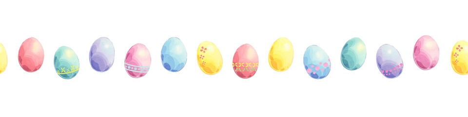 Spring easter seamless border of colorful eggs. Festive watercolor illustration isolated on white background. Minimalistic design. Template for invitations, easter cards, greetings
