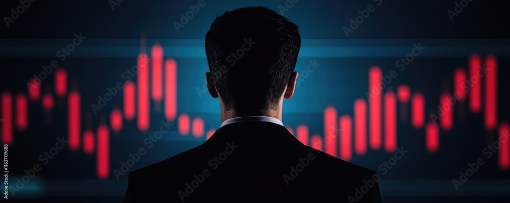 Poster crash market idea. businessman analyzing stock market trends on a digital display with red graphs.