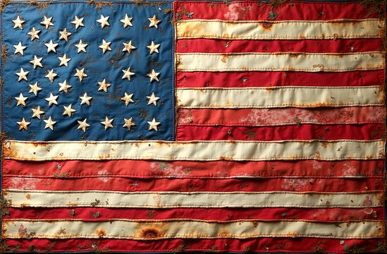 The USA flag made of stitched quilt fabric, cloth, old and dirty, and full of stains, american flag, United States flag
