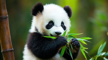 Fototapeta premium Adorable Panda Cub Enjoying a Bamboo Feast in its Natural Habitat