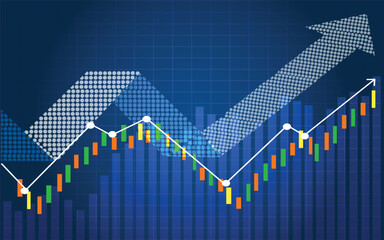 business chart with uptrend line graph Bar graph and bull market figures on white and blue background.